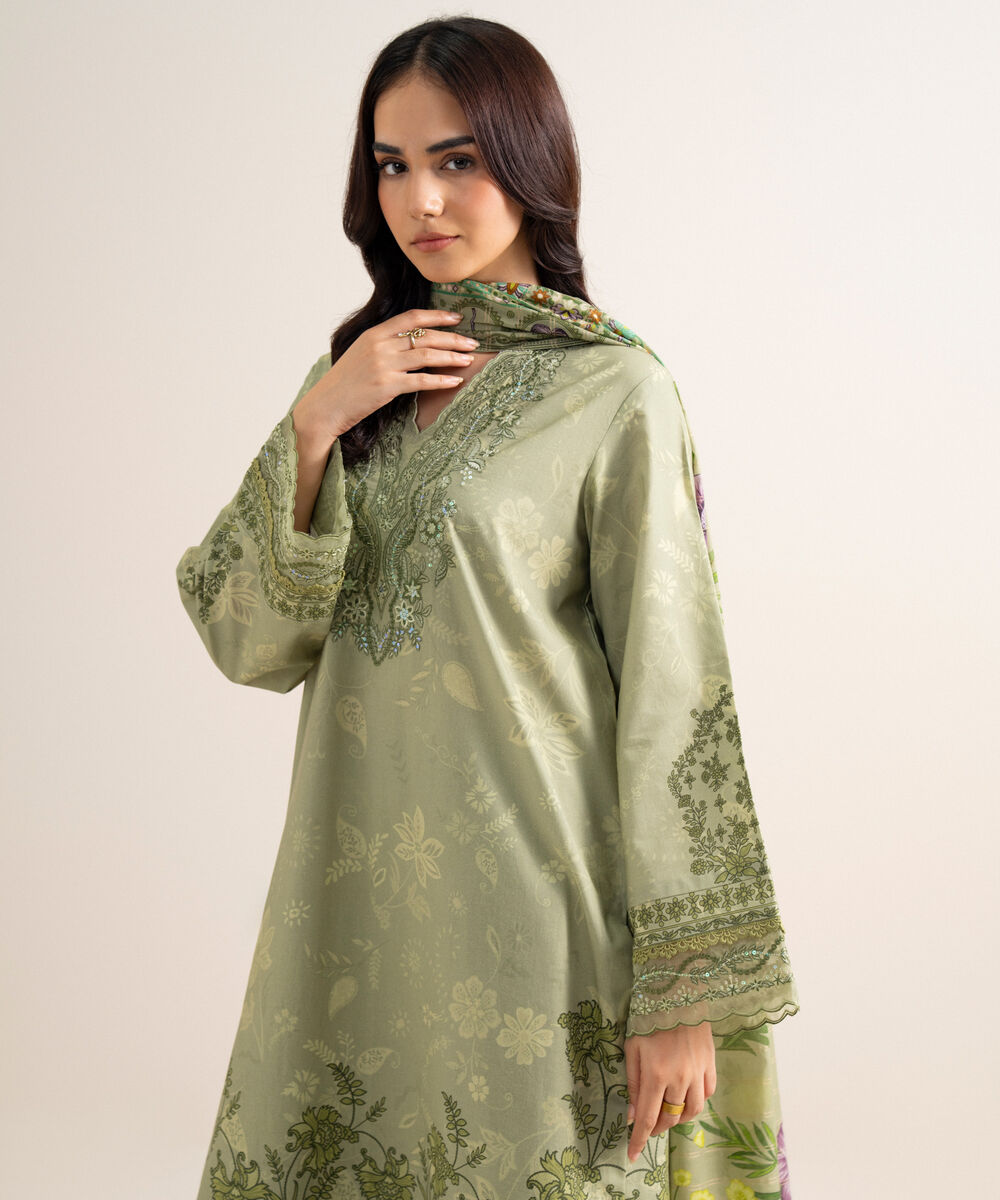 Women's Unstitched Embroidered Cotton Moss Green 3 Piece Suit