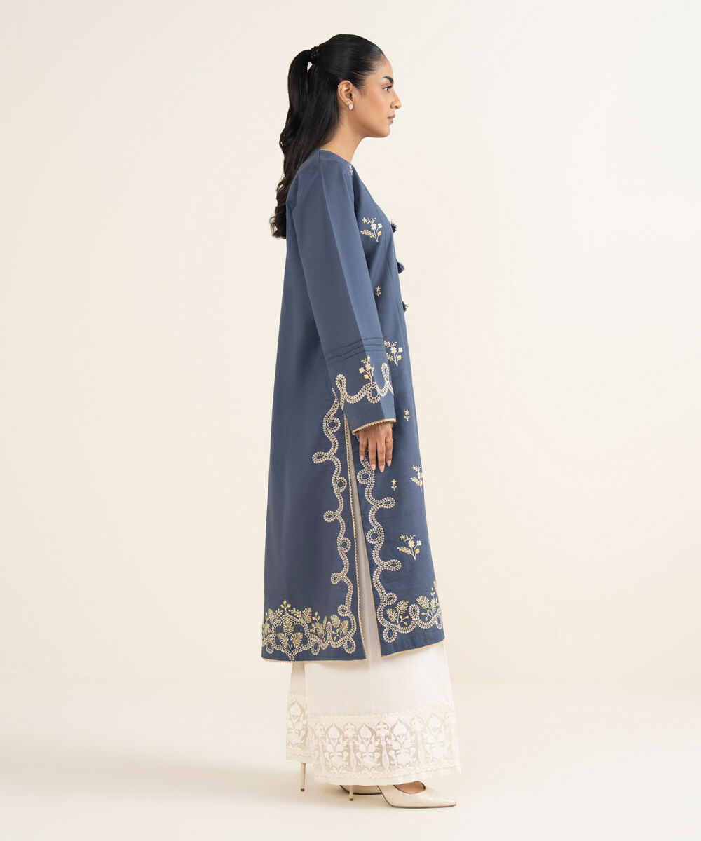 Women's RTW Light Khaddar Embroidered Blue A-Line Shirt
