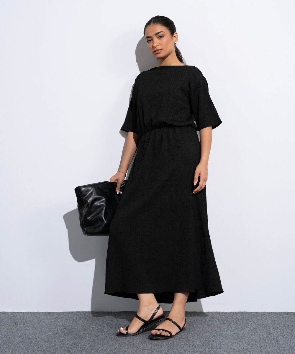 Women's Black Midi Dress In Textured Fabric