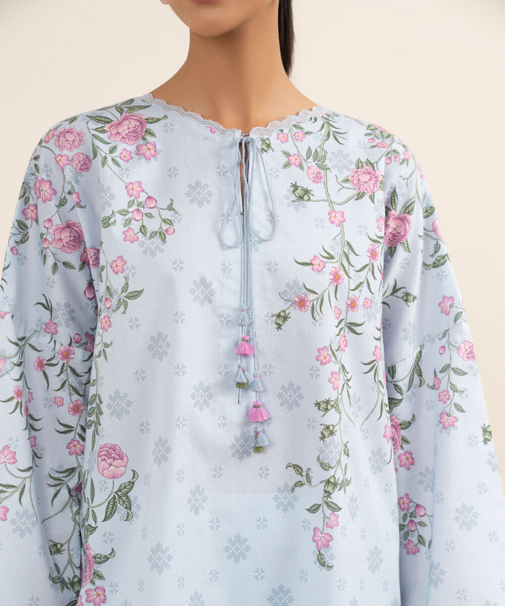 Women's Unstitched Lawn Printed Blue 3 Piece Suit