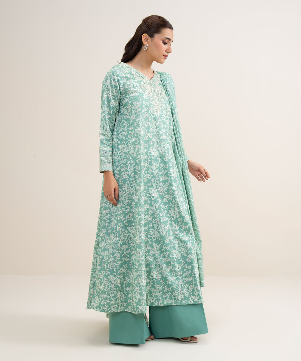 Women's Unstitched Lawn Embroidered Aqua Green 3 Piece Suit