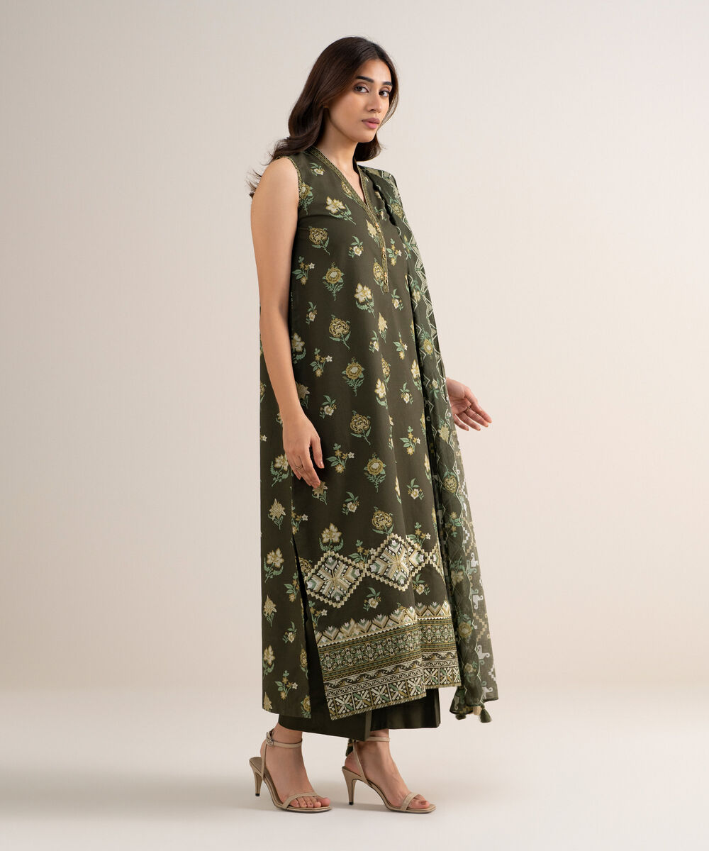 Women's Unstitched Cotton Embroidered Green 3 Piece Suit