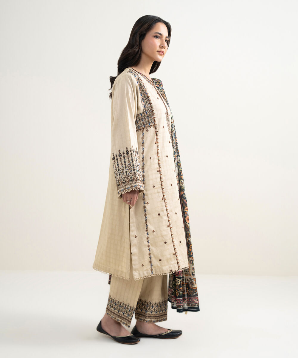 Women's RTW Dobby Embroidered Beige 3 Piece Suit