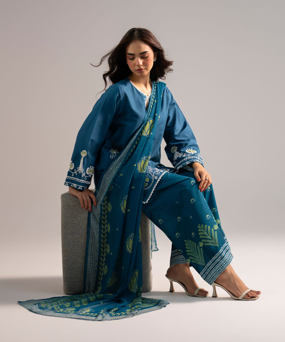 Women's RTW Dobby Embroidered Blue 3 Piece Suit