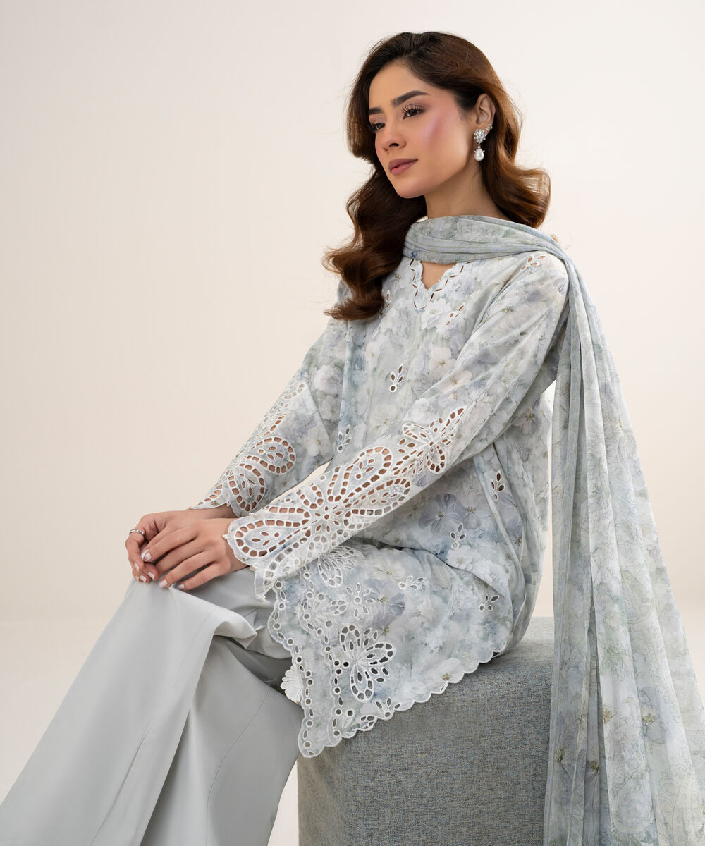 Women's Unstitched Lawn Embroidered Grey 3 Piece Suit