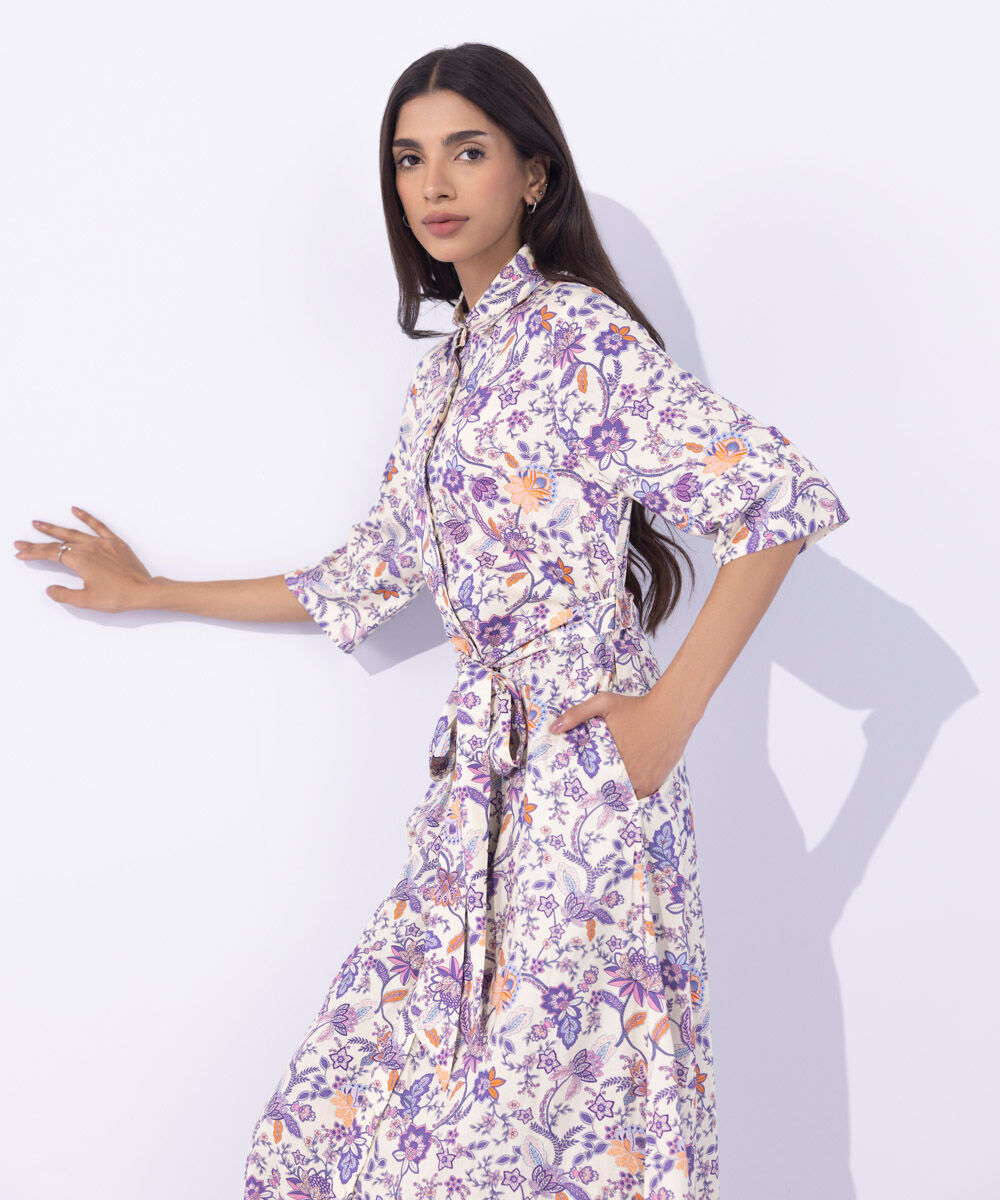 Women's Western Wear Multi Printed Dress With Belt