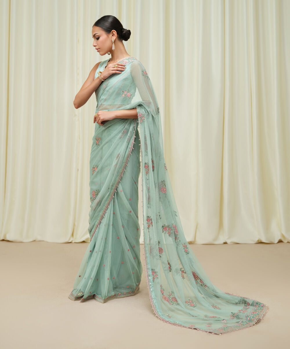 Women's Unstitched Embroidered Net Blue Saree