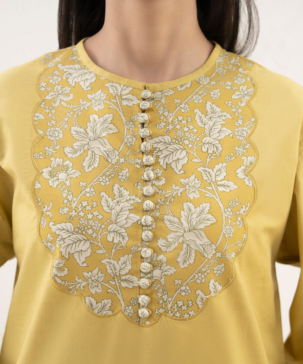 Women's Unstitched Cotton Printed Yellow 2 Piece Suit