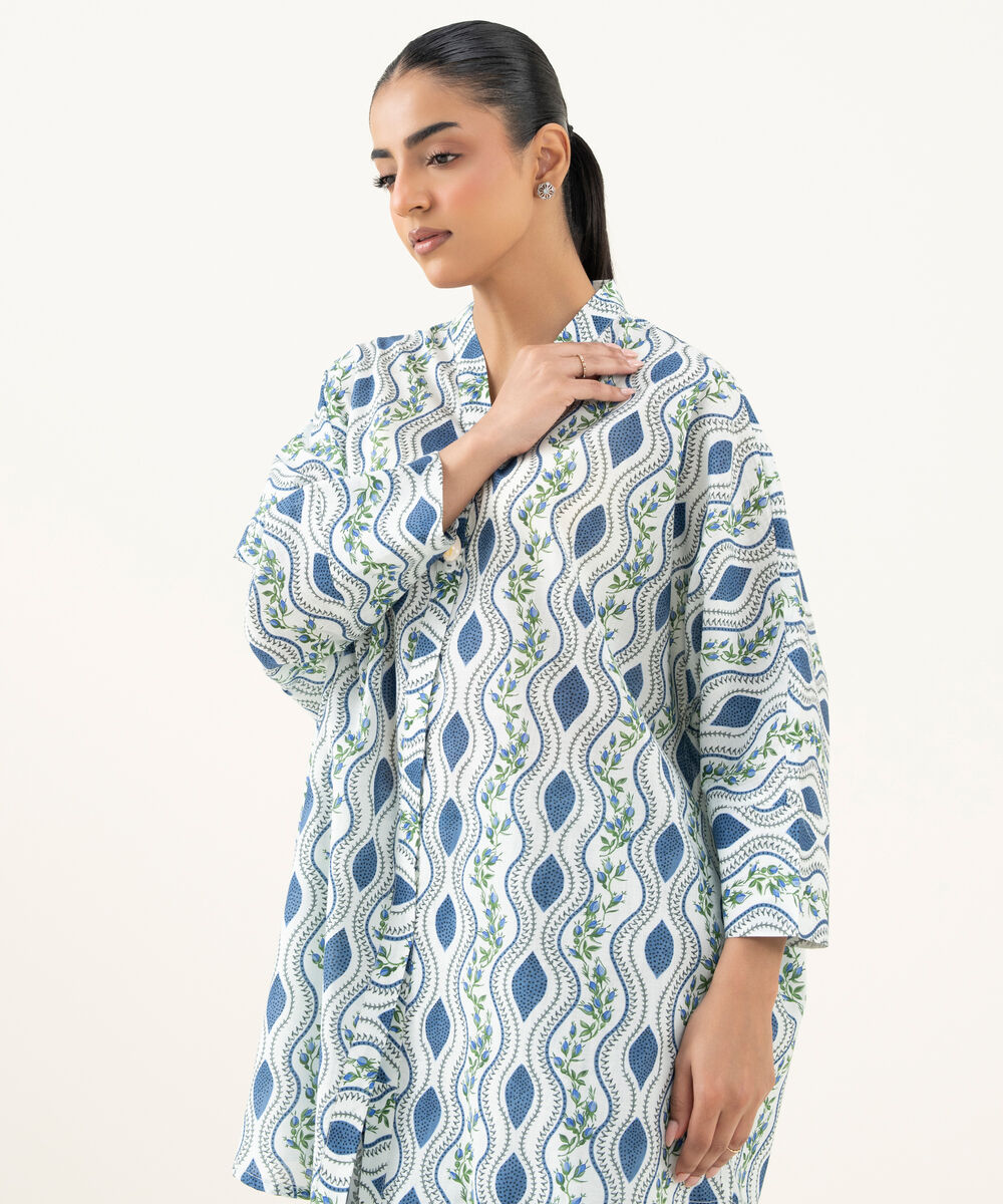 Women's RTW Crosshatch Printed Blue Drop Shoulder Shirt