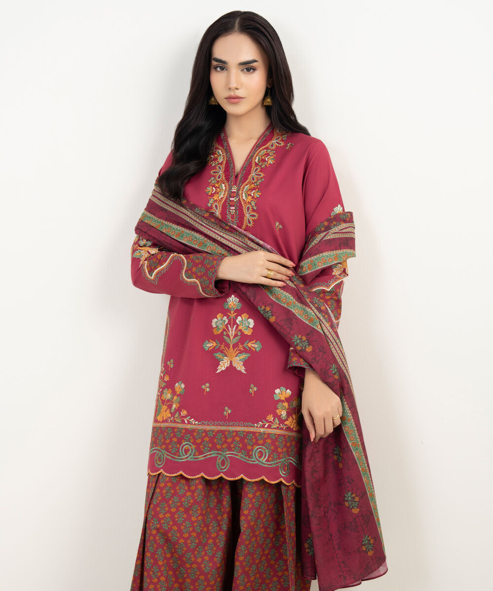 Women's Unstitched Textured Lawn Embroidered Red 3 Piece Suit