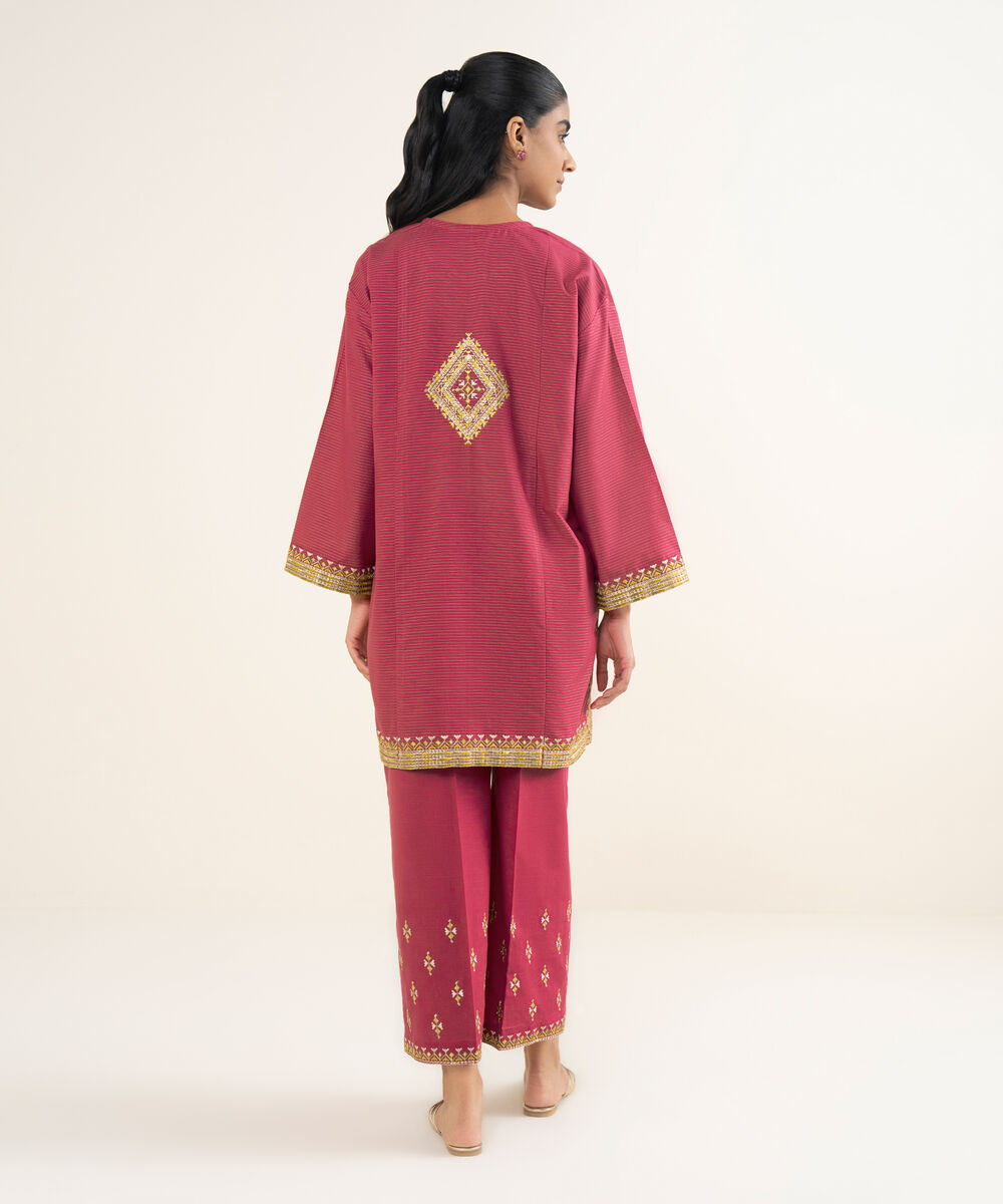 Women's RTW Fancy Textured Slub Embroidered Pink Drop Shoulder Shirt