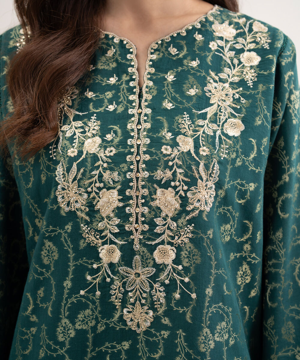 Women's Unstitched Extra Weft Jacquard Embroidered Green 3 Piece Suit