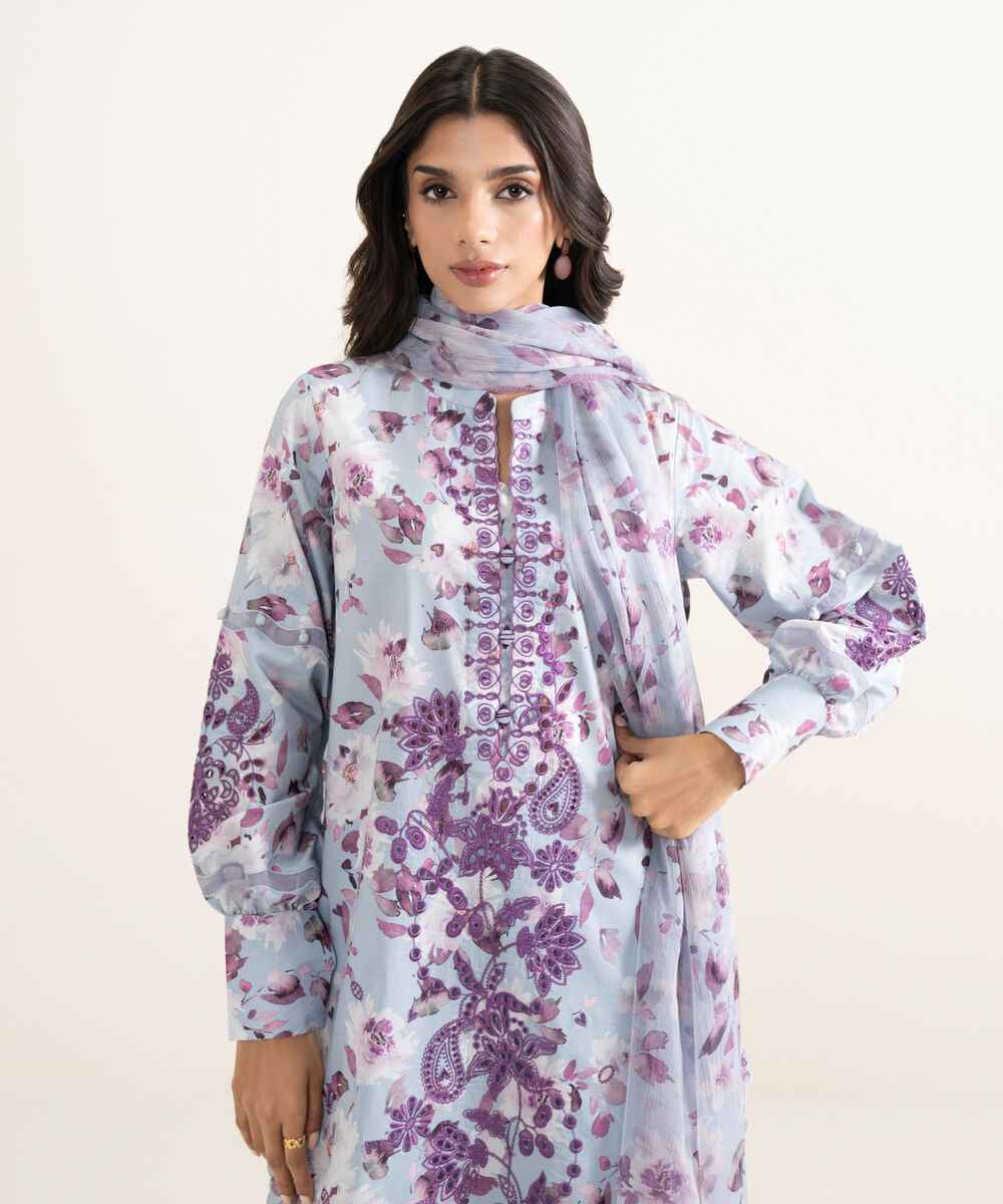 Women's Unstitched Lawn Embroidered Purple 3 Piece Suit