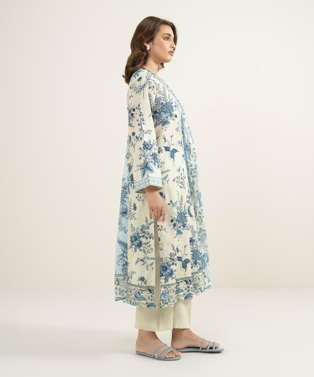 Women's RTW Slub Lawn Embroidered Beige 3 Piece Suit