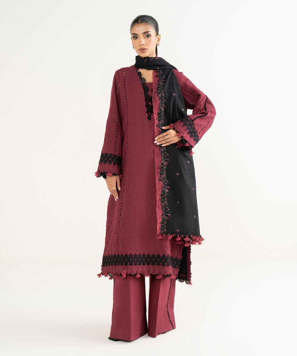 Women's Unstitched Cotton Jacquard Embroidered Red 3 Piece Suit