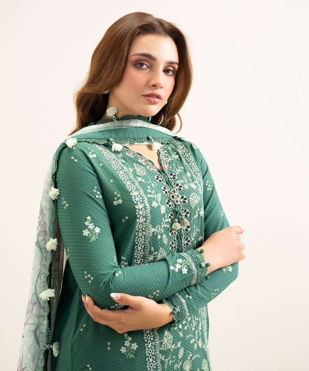 Women's Unstitched Dobby Embroidered Green 3 Piece Suit