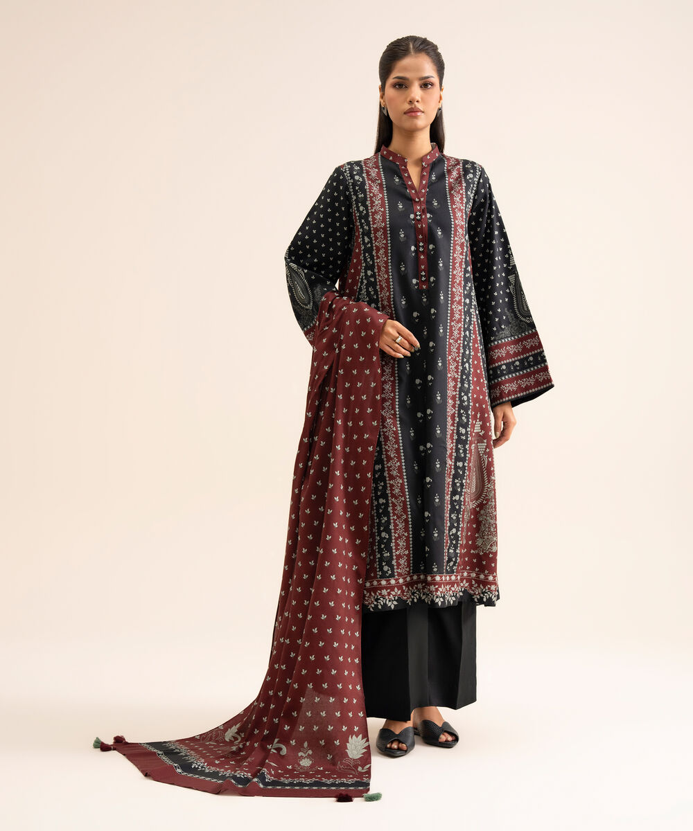 Women's Unstitched Viscose Linen Printed Black 3 Piece Suit