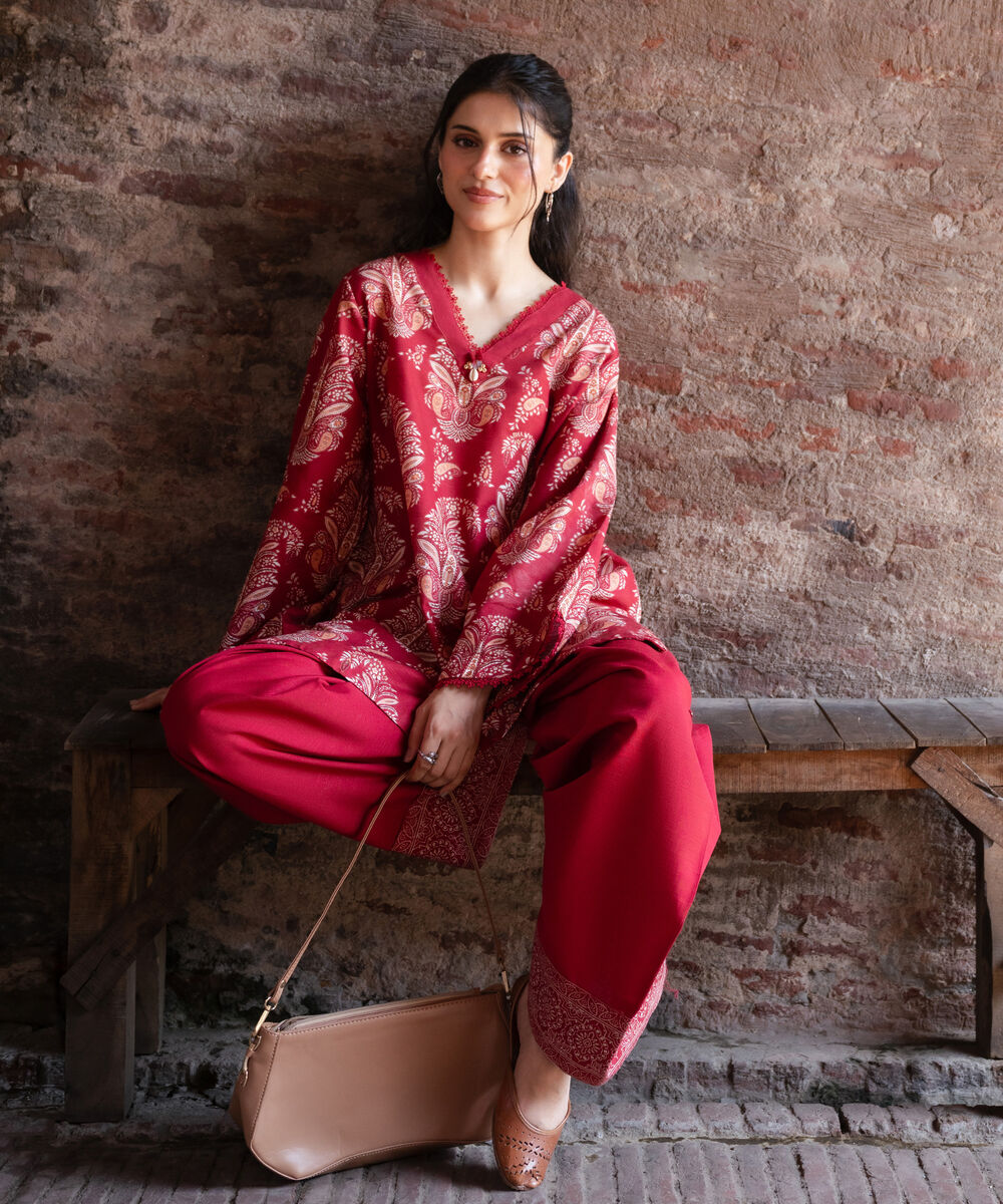 Women's RTW Khaddar Printed Maroon 2 Piece Suit