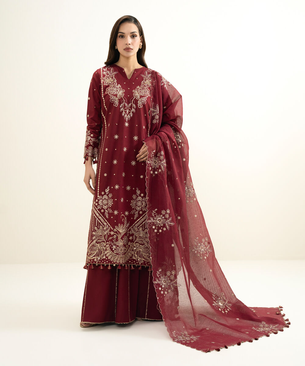 Women's Unstitched Lawn Embroidered Red 3 Piece Suit