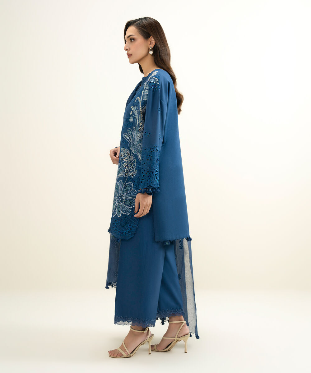 Women's Unstitched Lawn Embroidered Blue 3 Piece Suit