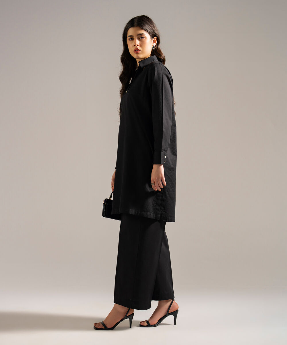 Women's RTW Dobby Solid Black Straight Shirt