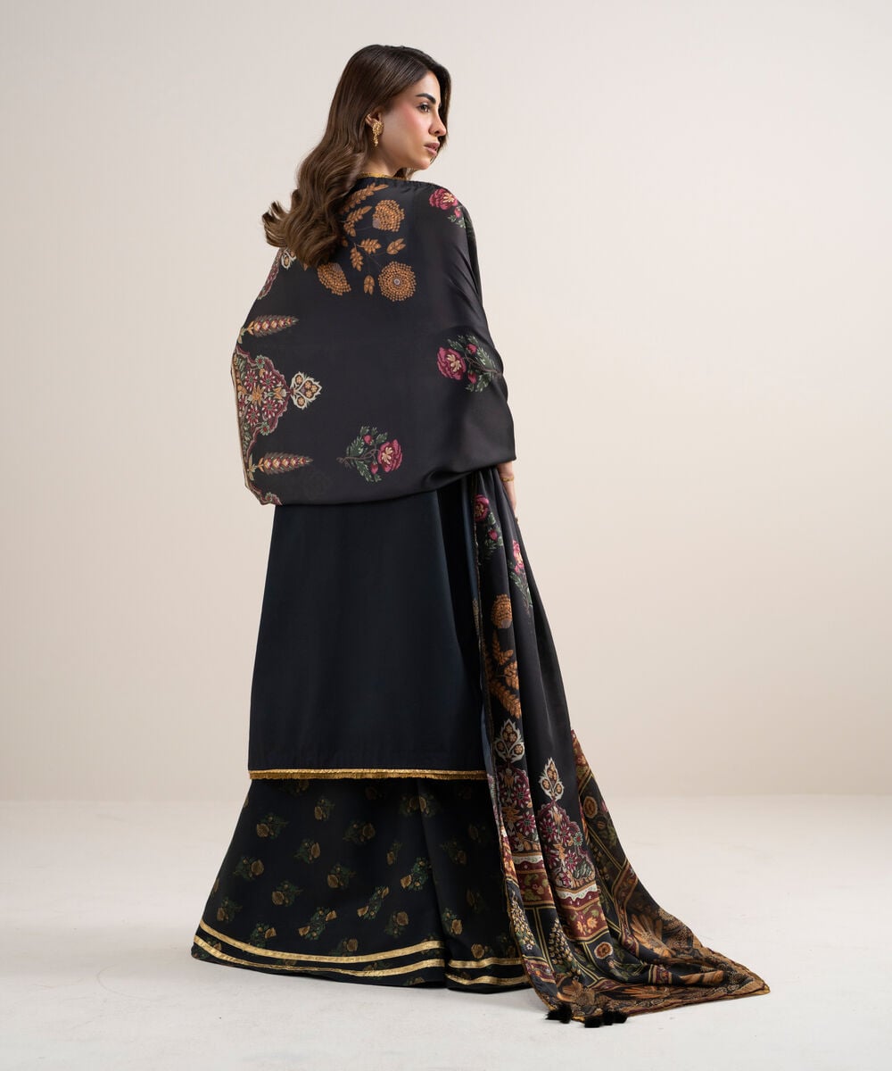Women's Unstitched Dobby Embroidered Black 3 Piece Suit