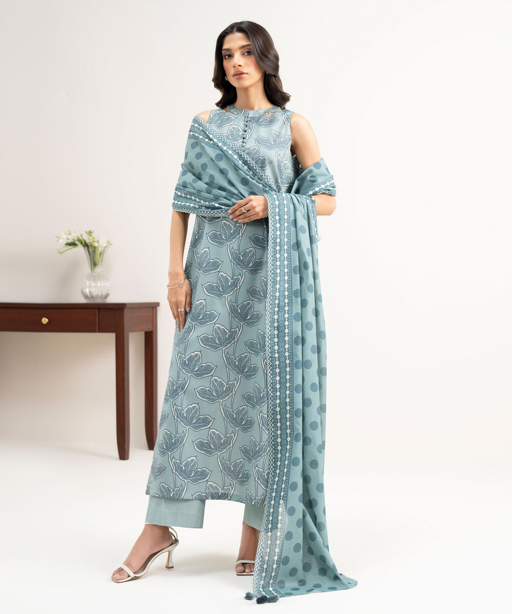 Women's Unstitched Lawn Printed Blue  3 Piece Suit