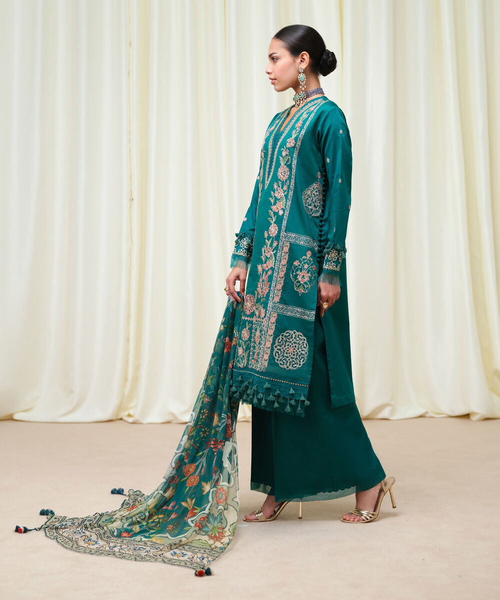 Women's Unstitched Fine Cotton Satin Embroidered Green 3 Piece Suit