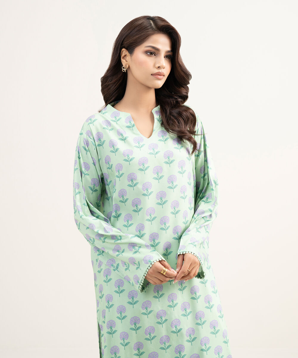 Women's RTW Arabic Lawn Printed Green Straight Shirt