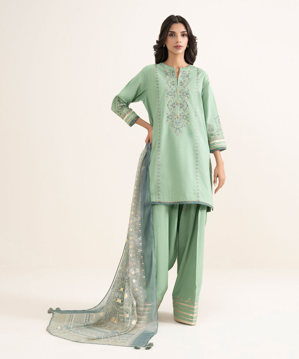Women's Unstitched Textured Lawn Embroidered Green 3 Piece Suit