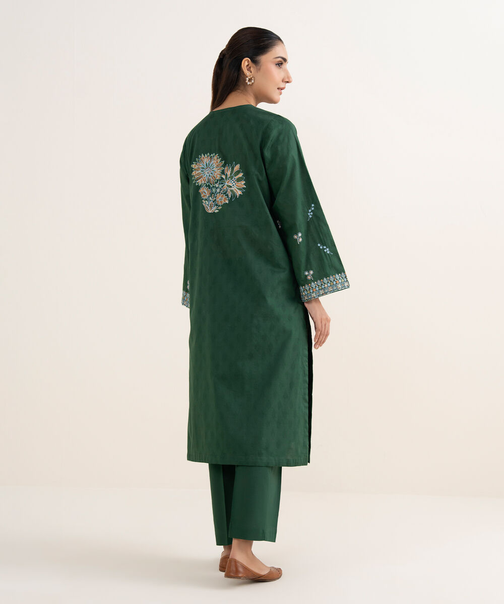 Women's RTW Self Jacquard Leno Embroidered Green A-Line Shirt