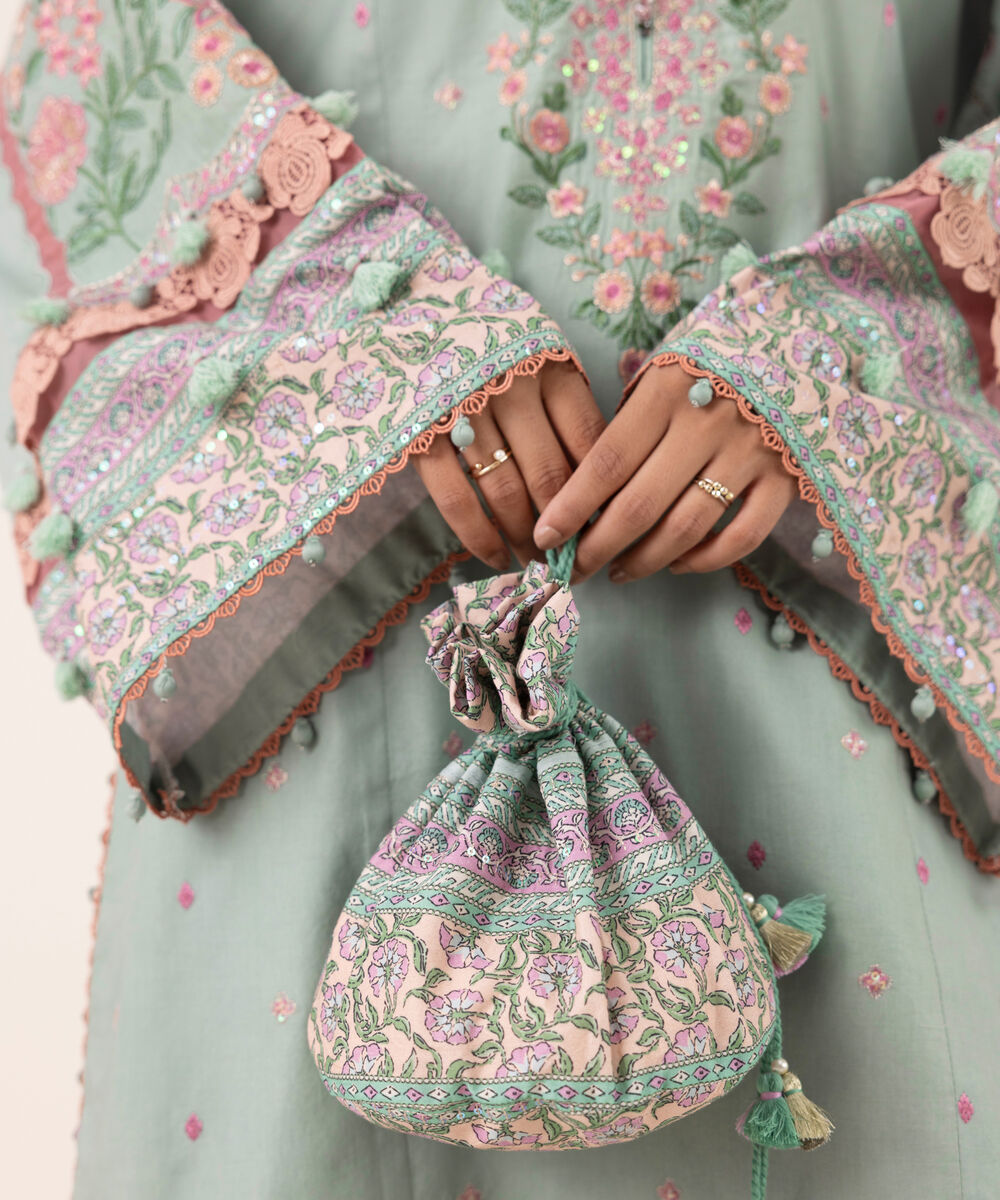 Women's Unstitched Fine Cotton Satin Embroidered Blue 3 Piece Suit