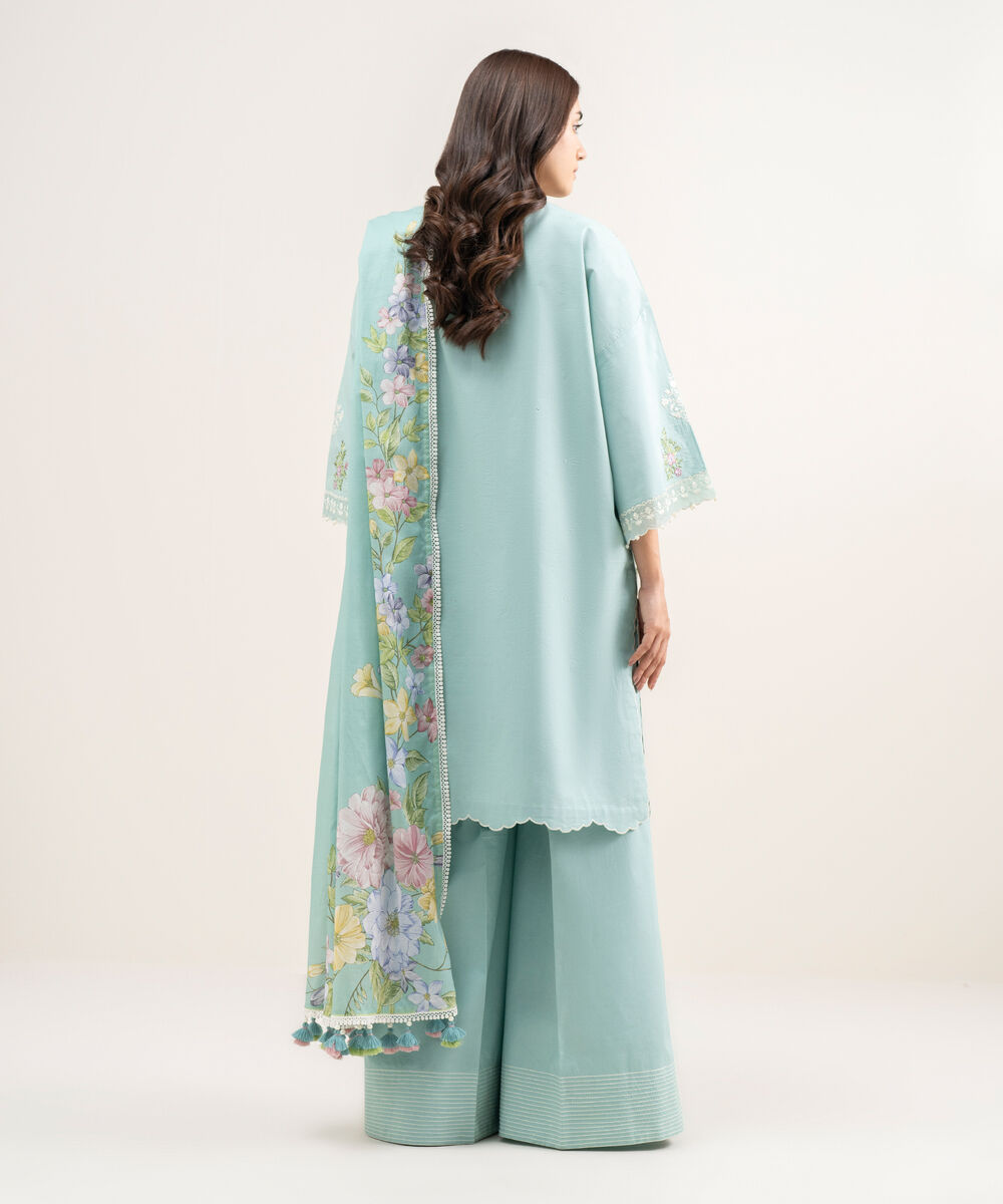 Women's Unstitched Textured Lawn Embroidered Blue 3 Piece Suit