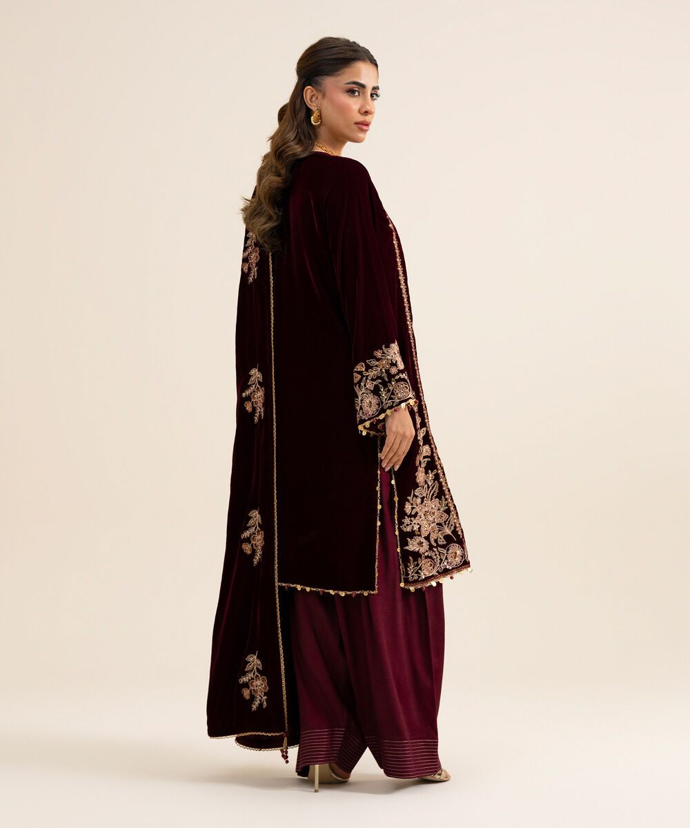 Women's Unstitched Velvet Embroidered Plum 3 Piece Suit