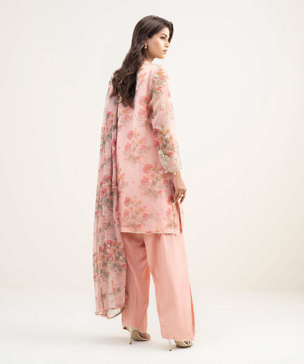 Women's RTW Blended Organza Embroidered Pink 3 Piece Suit