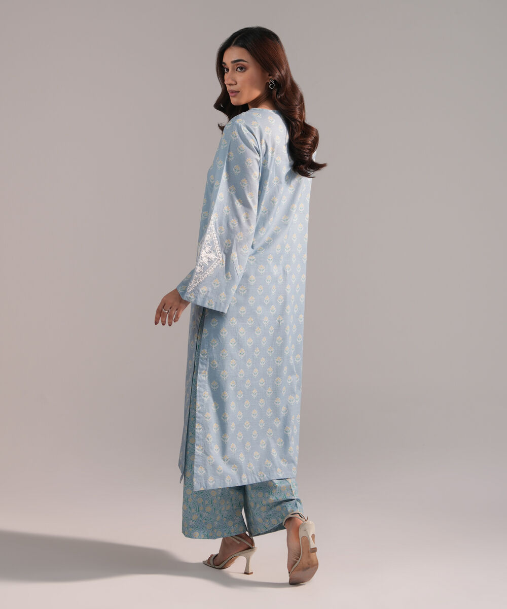 Women's RTW Slub Lawn Embroidered Blue Straight Shirt