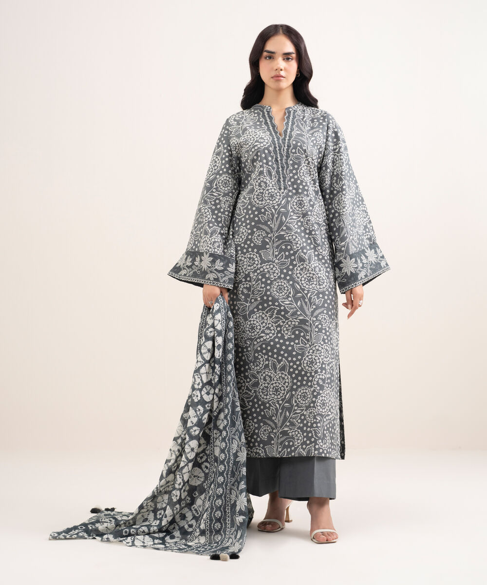 Women's Unstitched Lawn Printed Grey 3 Piece Suit