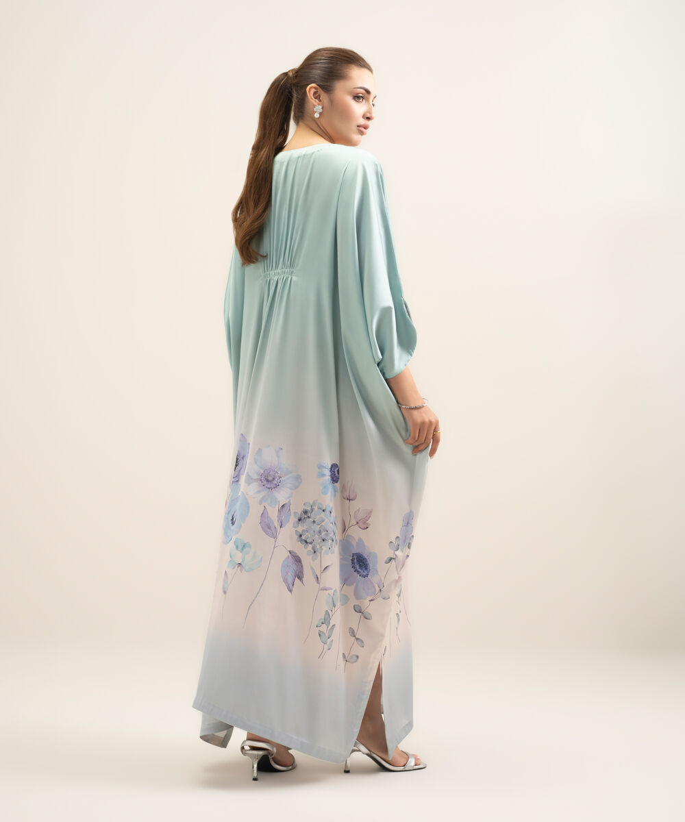 Women's RTW Blended Satin Printed Green Kaftan