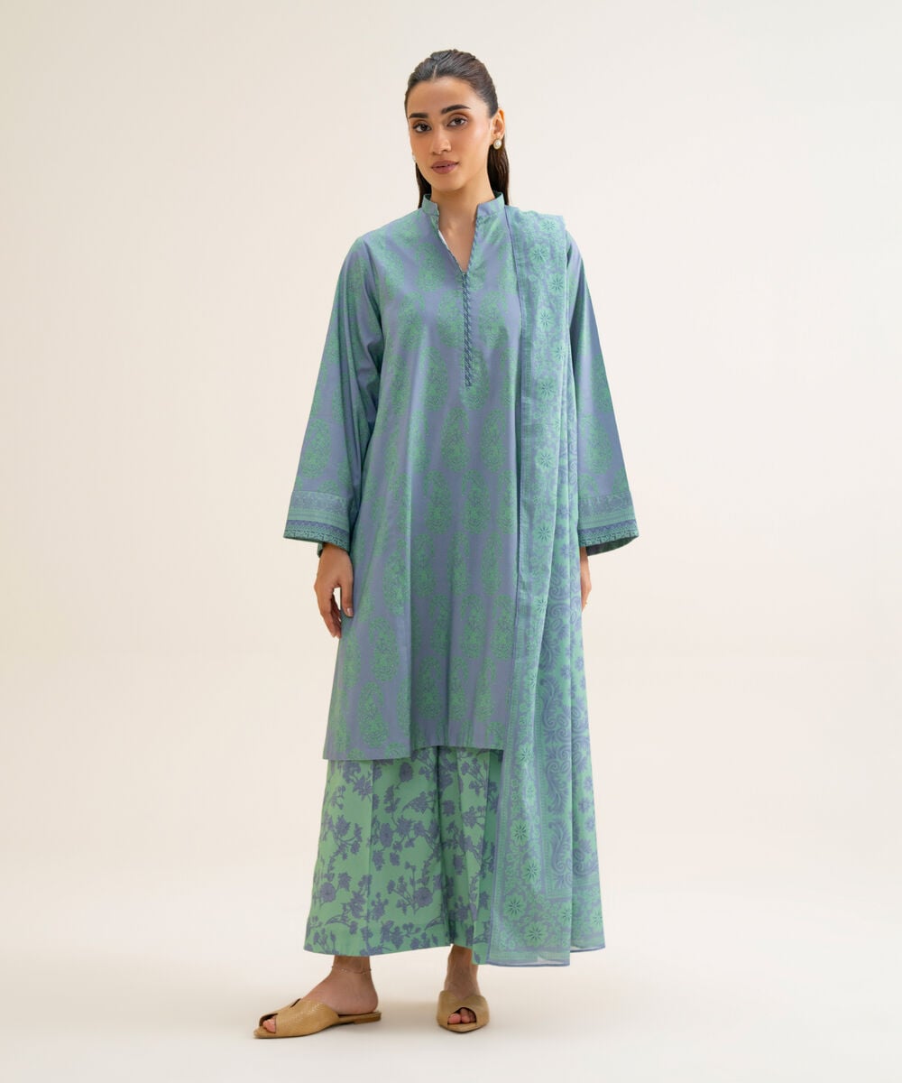 Women's Unstitched Cotton Viscose Printed Blue 3 Piece Suit