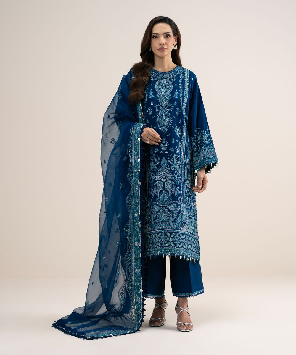 Women's Unstitched Embroidered Viscose Raw Silk Blue 3 Piece Suit