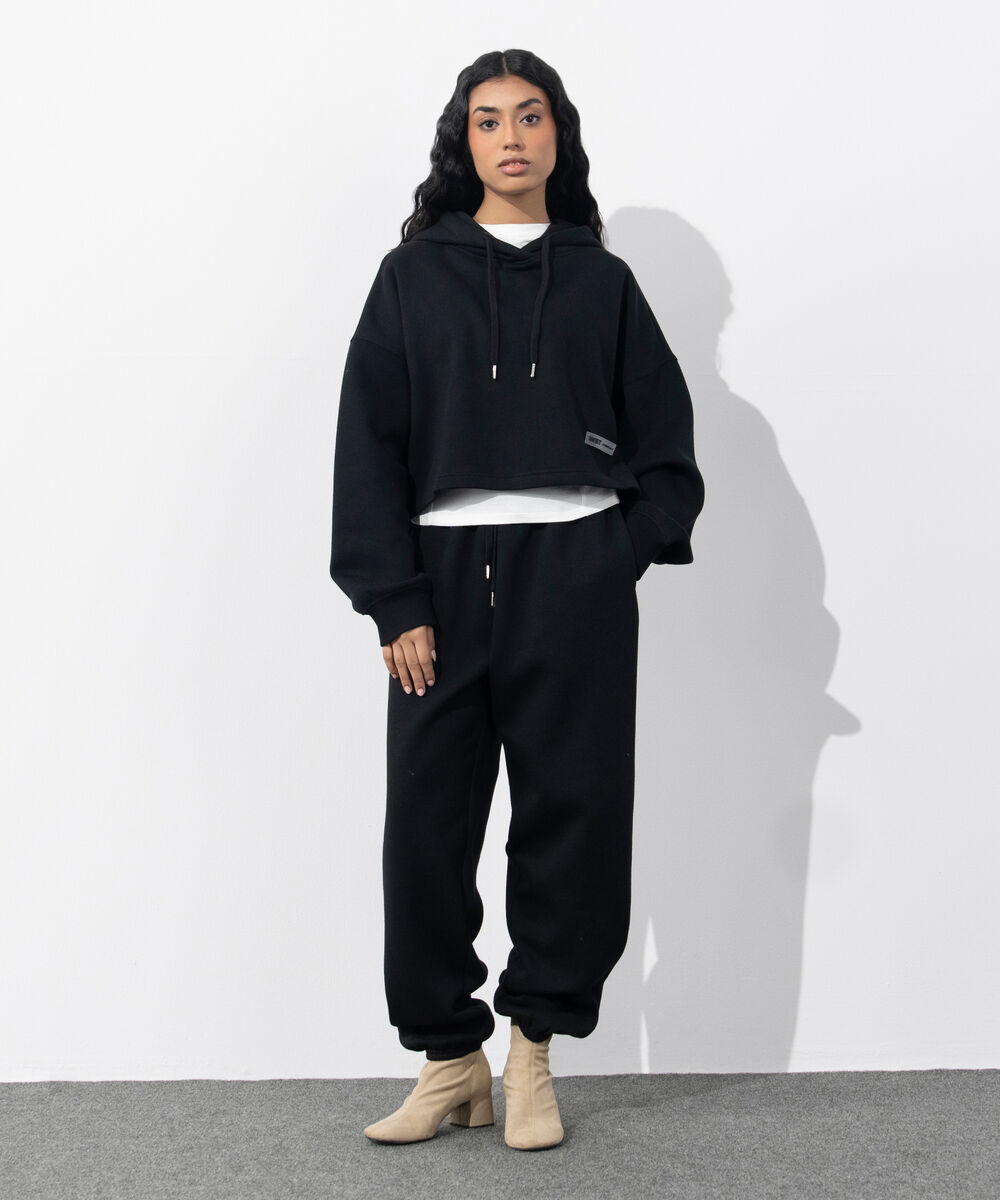 Women's Western Wear Black Cropped Fleece Hoodie