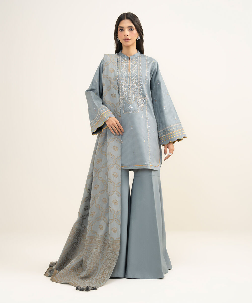 Women's Unstitched Dobby Embroidered Grey 3 Piece Suit