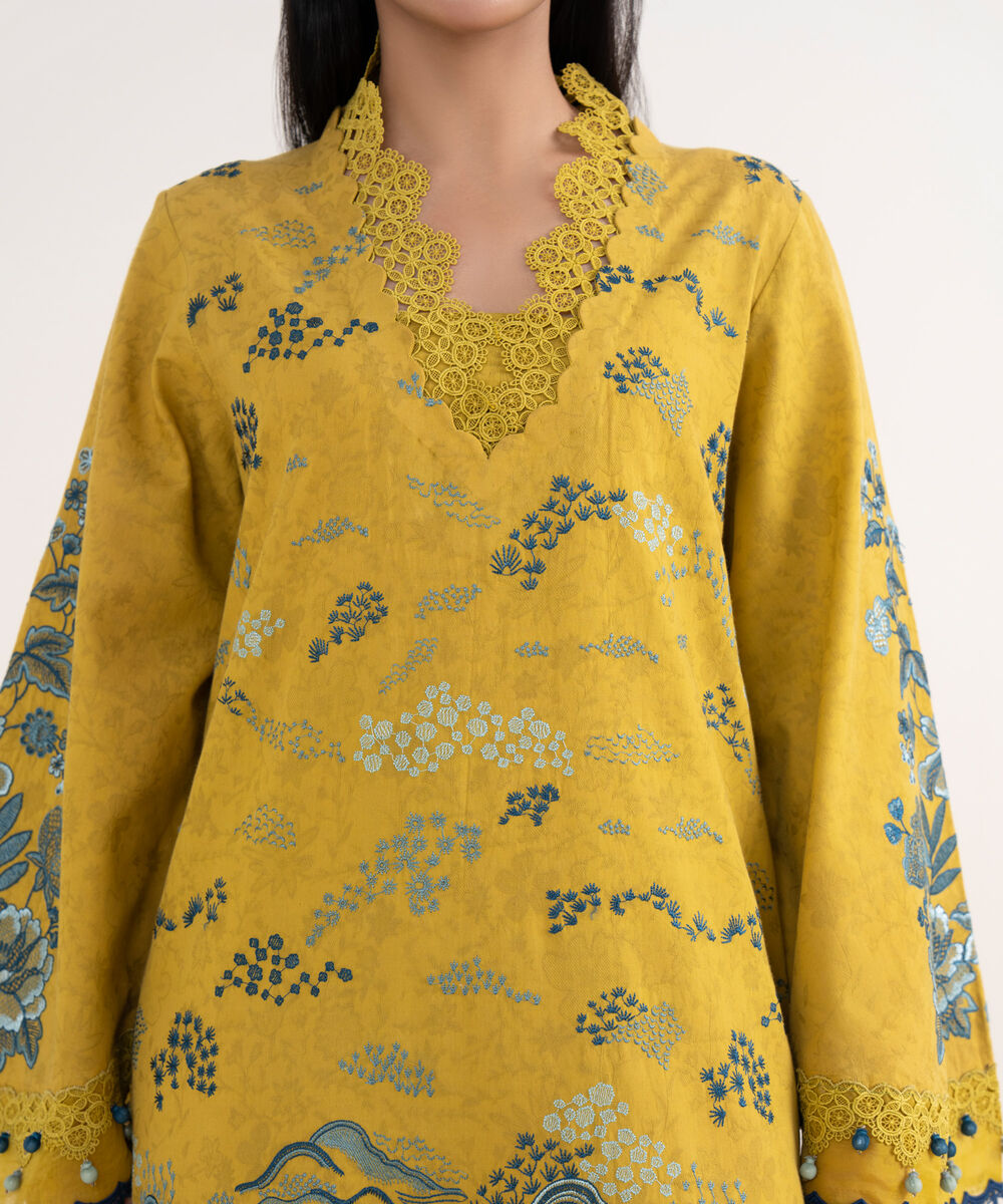 Women's Unstitched Cotton Jacquard Embroidered Yellow 3 Piece Suit