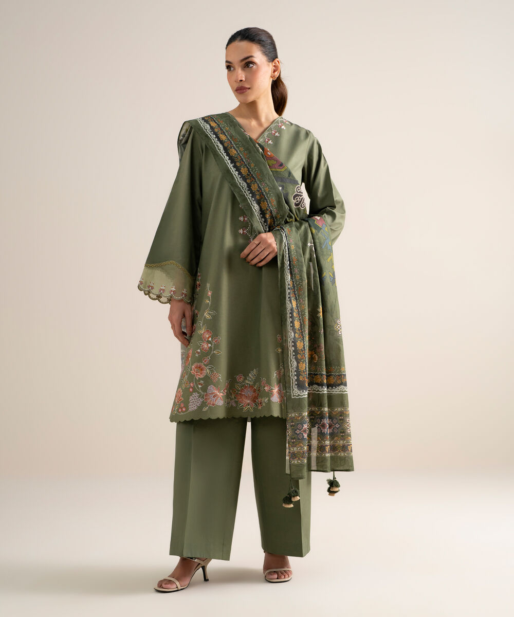 Women's Unstitched Lawn Embroidered Sage Green  3 Piece Suit