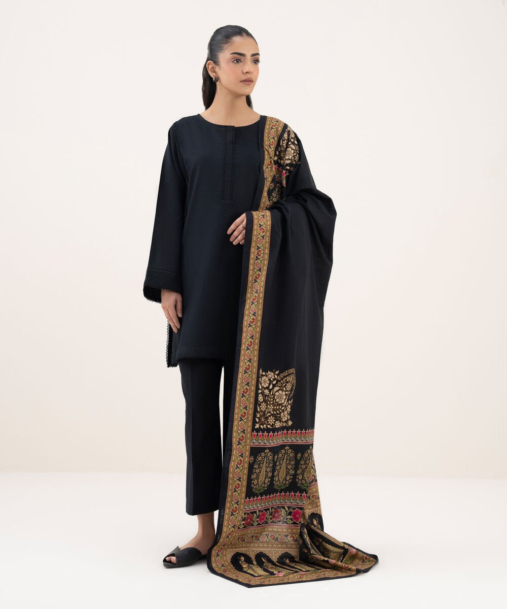 Printed Khaddar Black Dupatta
