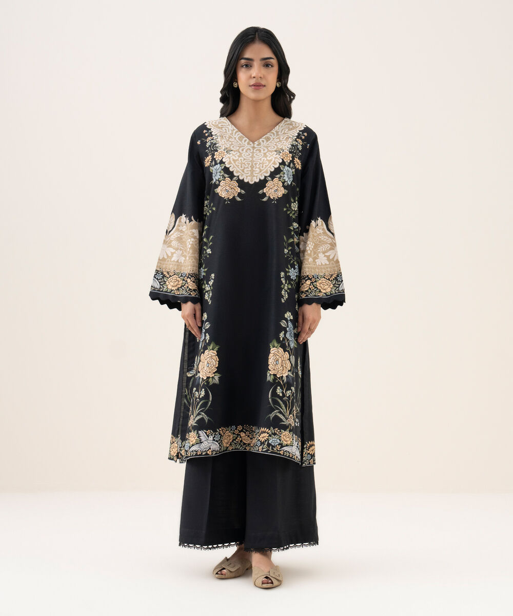 Women's RTW Cotton Printed A-Line Black Shirt