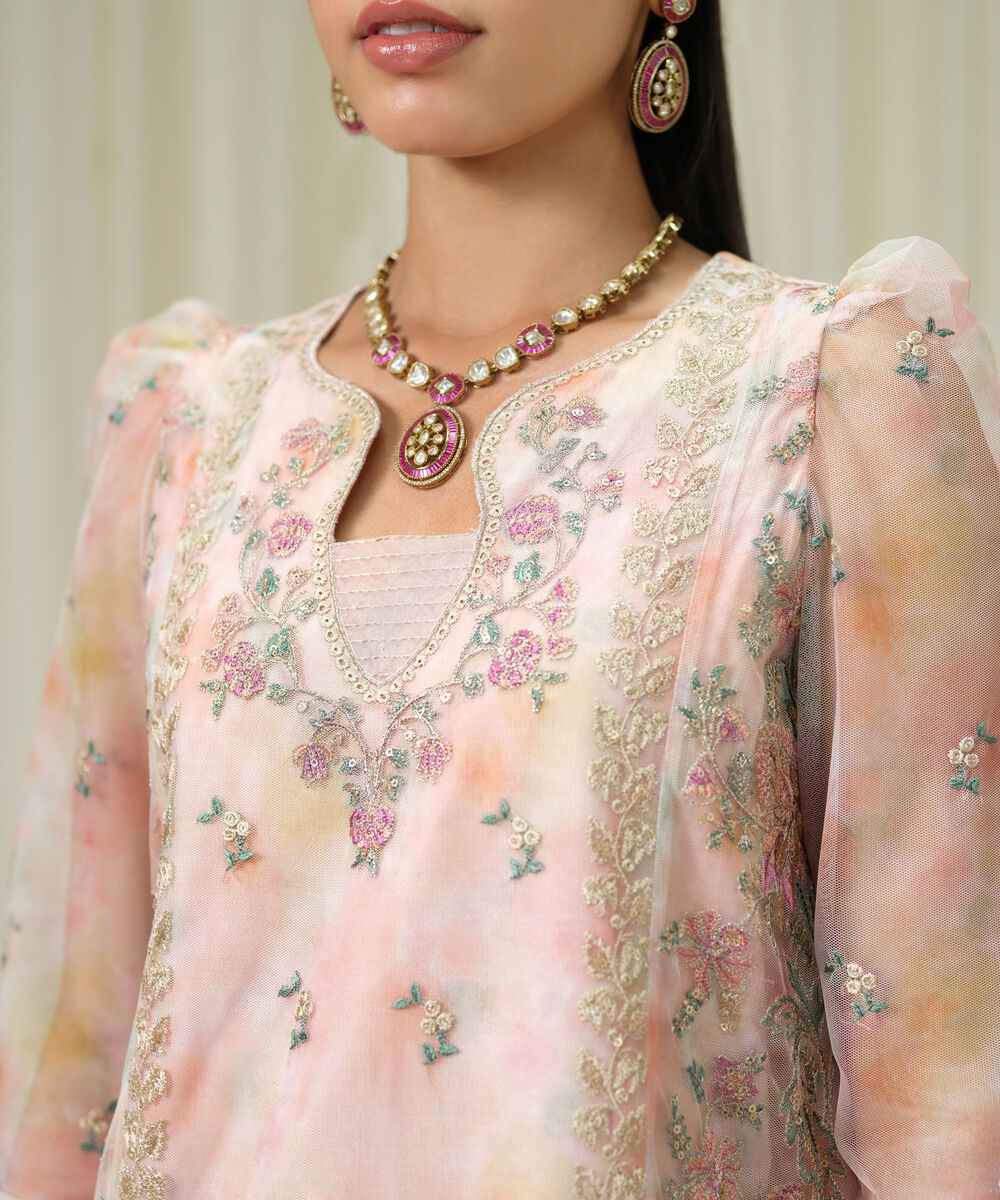 Women's Unstitched Blended Net Embroidered Pink 3 Piece Suit