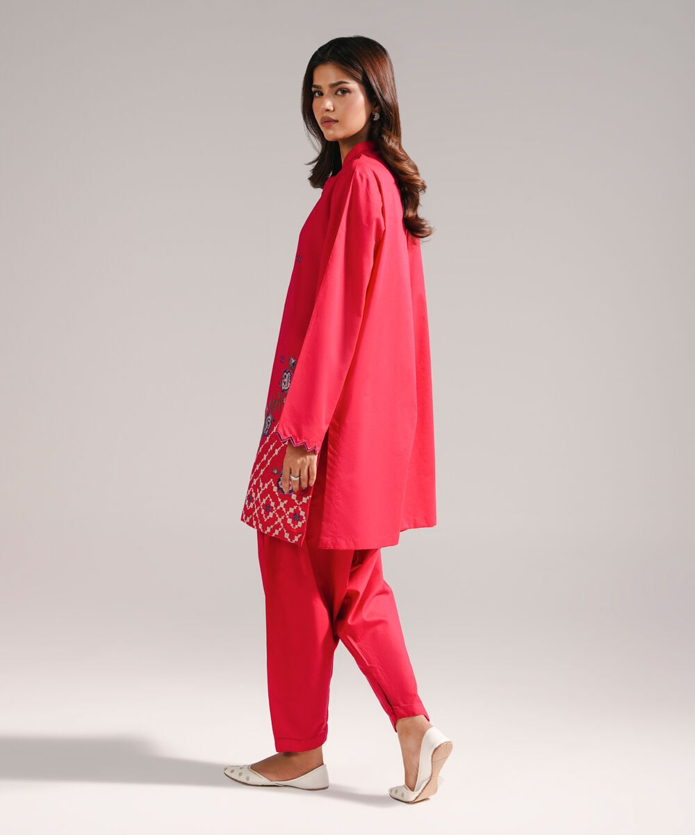 Women's RTW Slub Lawn Embroidered Red Straight Shirt