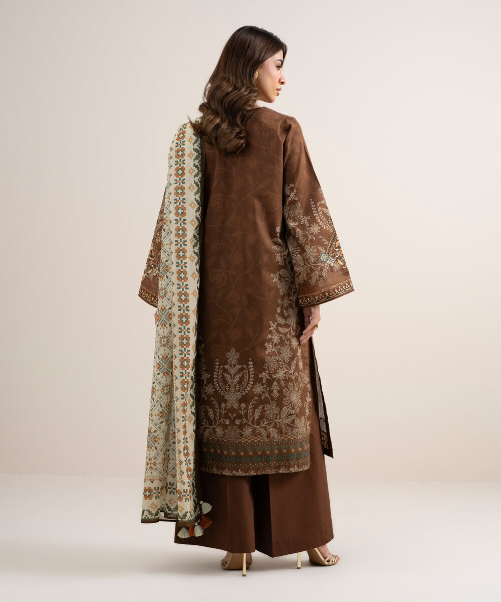 Women's Unstitched Lawn Embroidered Brown 3 Piece Suit