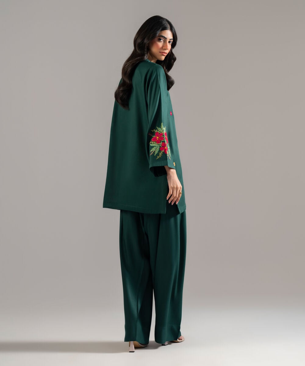 Women's RTW Bedford Solid Embroidered Green Straight Shirt